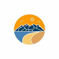 Mountain and Beach Logo Design Illustration. With a View of The Sunset and Birds Flying. Simple Vector Badge Design