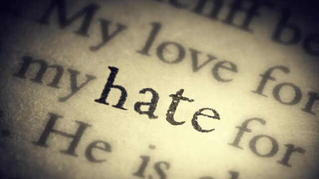 The word hate on an old page in the book is separated from the general text and zooms into the camera. Creative 3D 4k slow motion video animation.
