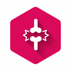 White Joint pain, knee pain icon isolated with long shadow background. Orthopedic medical. Disease of the joints and bones, arthritis. Pink hexagon button. Vector