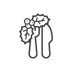 Logotipo con tenedor y cuchillo y hojas de acebo con bayas con líneas en color gris para su uso en invitaciones y tarjetas de felicitación
