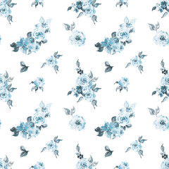 Watercolor seamless patternWatercolor vintage teal floral seamless pattern for fabric, dusty blue flowers background for nursery, kids apparel, home decor - 470085931