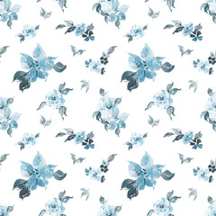 Watercolor seamless patternWatercolor vintage teal floral seamless pattern for fabric, dusty blue flowers background for nursery, kids apparel, home decor
