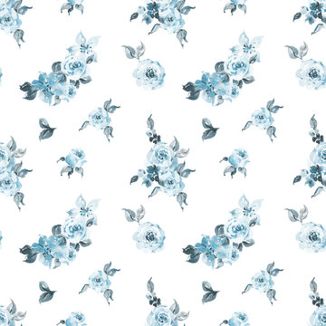 Watercolor seamless patternWatercolor vintage teal floral seamless pattern for fabric, dusty blue flowers background for nursery, kids apparel, home decor