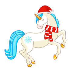 A beautiful Christmas unicorn in a hat and scarf. Isolated object