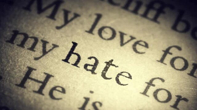The word hate on an old page in the book is separated from the general text and zooms into the camera. Creative 3D 4k slow motion video animation.