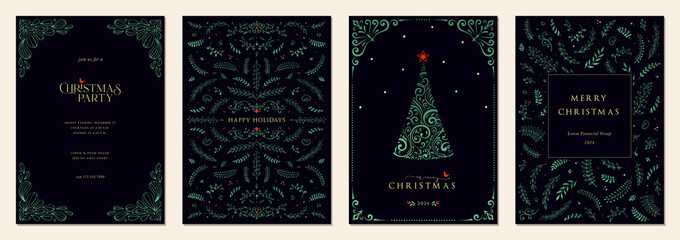 Luxury Corporate Holiday cards with Christmas tree, birds, ornate floral frames, background and copy space. Universal artistic templates.