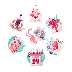 Set of love concepts for Valentine's Day. Hand drawn elements on a floral background. Vector illustration