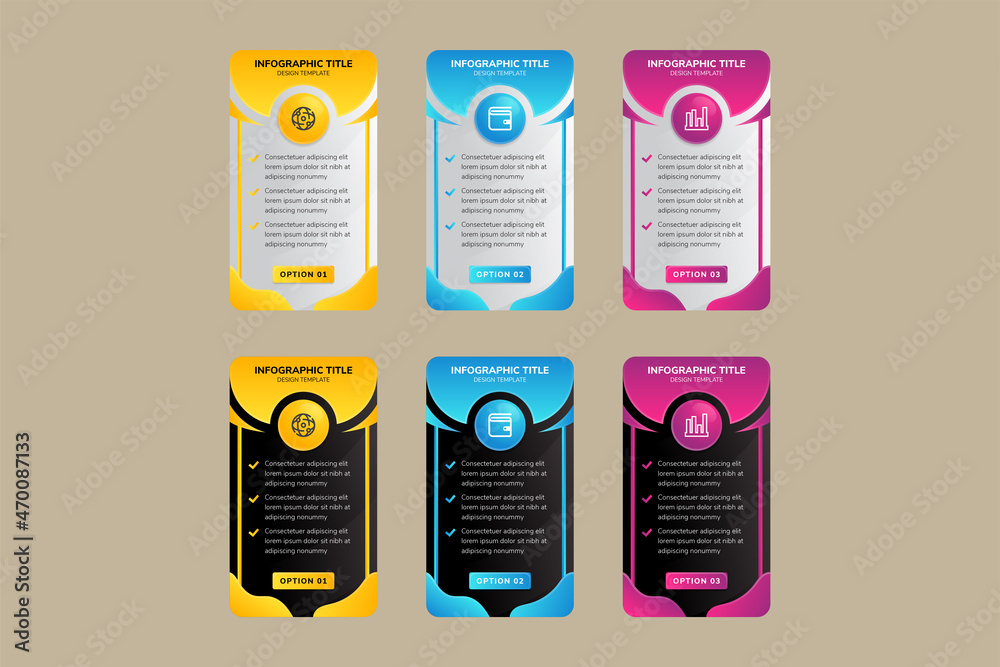 Poster three colorful rectangular element organized in horizontal raw. modern infographic design template. 