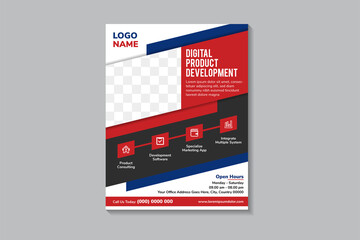 Set of abstract flyer template design with headline digital product development use red and blue gradient colors on element. vertical layout with white background. diagonal space for photo collage.