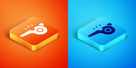 Isometric Whistle icon isolated on orange and blue background. Referee symbol. Fitness and sport sign. Vector