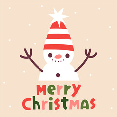 Vector Christmas card with cute snowman character. Cozy holiday illustration with cartoon flat design.