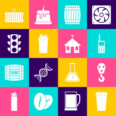 Set Coffee cup, Industrial hook, Walkie talkie, Wooden barrel, Fitness shaker and Traffic light icon. Vector
