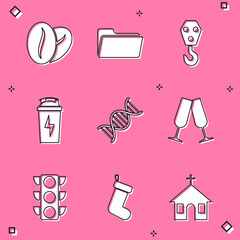 Set Coffee beans, Folder, Industrial hook, Fitness shaker, DNA symbol and Glasses champagne icon. Vector