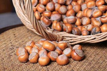 Hazelnuts in a wicker basket close-up