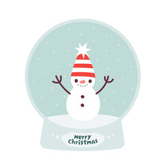 Winter illustration with cute snowman character inside snow globe. Vector Christmas card. Flat design.