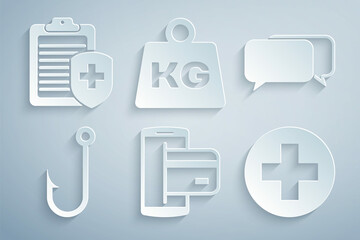 Set NFC Payment, Chat, Fishing hook, Medical cross circle, Weight and Clipboard with medical insurance icon. Vector