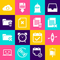 Set IV bag, Kayak and paddle, Delete file document, Tombstone with RIP written, and folder icon. Vector