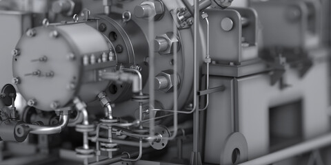 Fototapeta premium Part of a large industrial water pump. Heavy equipment. High pressure. Close-up on flange and pipes. 3d render