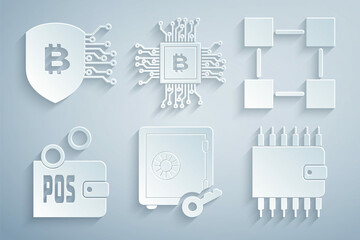 Set Proof of stake, Blockchain technology, , Cryptocurrency wallet, CPU mining farm and Shield with bitcoin icon. Vector