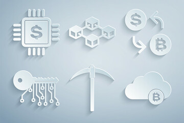 Set Pickaxe, Cryptocurrency exchange, key, cloud mining, Blockchain technology and Processor chip with dollar icon. Vector