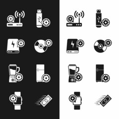 Set CD or DVD disk setting, Power bank, Router and wi-fi, USB flash drive, Blender with bowl and Refrigerator icon. Vector