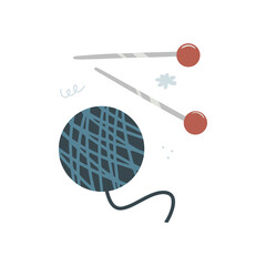 Hand drawn ball of thread and knitting needles isolated on a white background. Doodle, illustration in a simple flat style. It can be used for decoration of textile, paper and other surfaces.