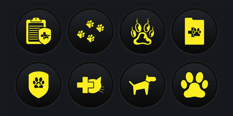 Set Animal health insurance, Clinical record pet, Veterinary clinic, Dog, Paw print and icon. Vector