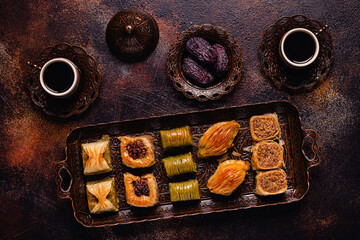 Fototapeta na wymiar Traditional turkish, arabic sweets baklava assortment.