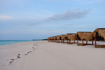 Beach chairs and umbrellas on an empty beach.