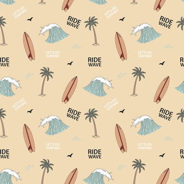 Seamless pattern with palm trees, surfboard and waves. Retro hand-drawn vector.