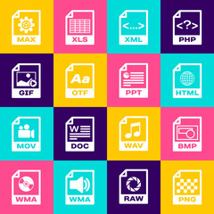 Set PNG file document, BMP, HTML, XML, OTF and GIF icon. Vector