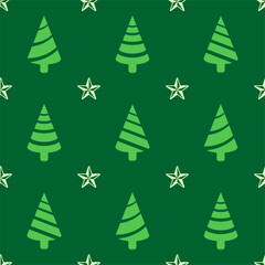 Christmas seamless pattern. Green colored christmas tree icons and stars on dark green background. Christmas texture
