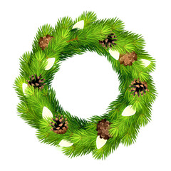Fototapeta na wymiar Vector Christmas wreath with green fir branches, pine cones, and Christmas lights.