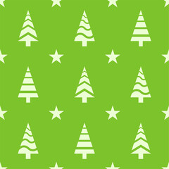 Christmas seamless pattern. White colored christmas tree icons and stars on green background. Christmas texture