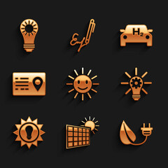 Set Cute sun with smile, Solar energy panel and, Electric saving plug in leaf, Light bulb gear, Address book, Hydrogen car and icon. Vector