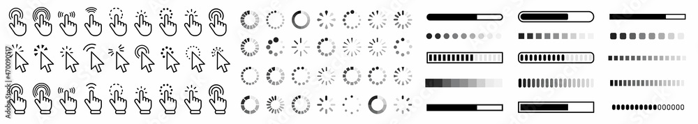 Poster Hand clicking icon collection.Pointer click icon. Loading icon design.Set of Hand Cursor icons click and Cursor icons click. Click cursor icon.