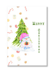 Christmas gnome with a gift. Watercolor gnome near the Christmas tree. Greeting card for Christmas. Dwarf in a snowdrift. Poster, flyer. New Year
