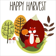 Squirrel with pumpkins on the background of an autumn forest, with Happy Harvest lettering.