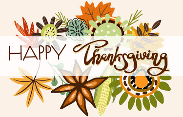 Happy Thanksgiving text with autumn leaves and flowers. Autumn illustration for greeting cards, invitations, quotes and decorations, banners.