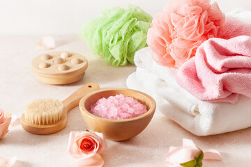 Fototapeta na wymiar skincare body products and rose flowers. natural cosmetics for home spa treatment