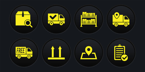 Set Free delivery service, Delivery tracking, This side up, Placeholder on map, Warehouse, truck with check mark, Verification of list and Search package icon. Vector