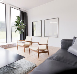 modern living room with with two Scandinavian-style wooden armchairs and large frames on the wall

