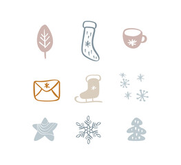 Christmas Set of vector xmas doodle scandinavian elements. New Year decoration. Winter background for fabric, textile, wrapping paper and other decoration illustration