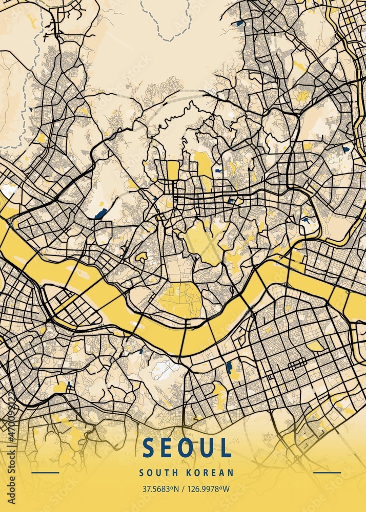 Wall mural Seoul - South Korean Yellow City Map