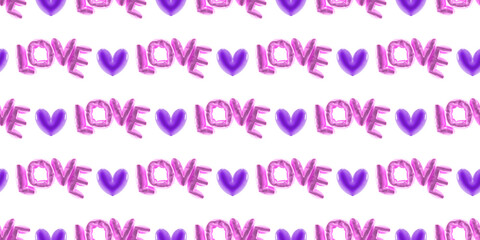 3D seamless pattern with hearts and inscription love in the form of a balloon. Illustration for a banner, greeting card.