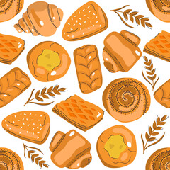 Seamless pattern of hand drawn bakery products, buns, pastry, croissants and wheat germ. 