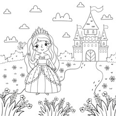 page of coloring book a girl and a princess on the background of a magic castle design for kids.