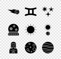 Set Comet falling down fast, Gemini zodiac, Falling star, Astrology woman, Moon, Planet Jupiter, Magic ball and Sun icon. Vector