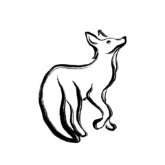 Minimalistic fox drawing in the technique of one ink stroke. Brush and paint texture.