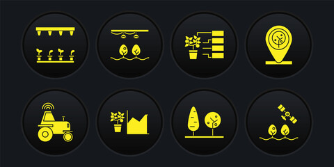 Set Wireless tractor on smart farm, Location and tree, Flower statistics, Trees, analysis, Smart with bulb plant, drone and Automatic irrigation sprinklers icon. Vector